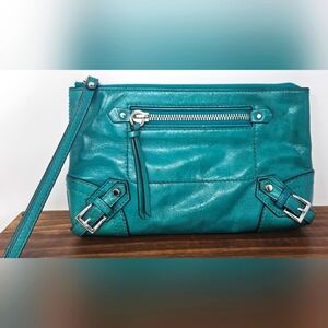 Michael Kors Large Fallon Leather Aqua Turquoise Silver Zip Clutch Wristlet
